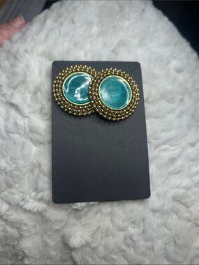 Gold Beaded Earrings with Teal Center